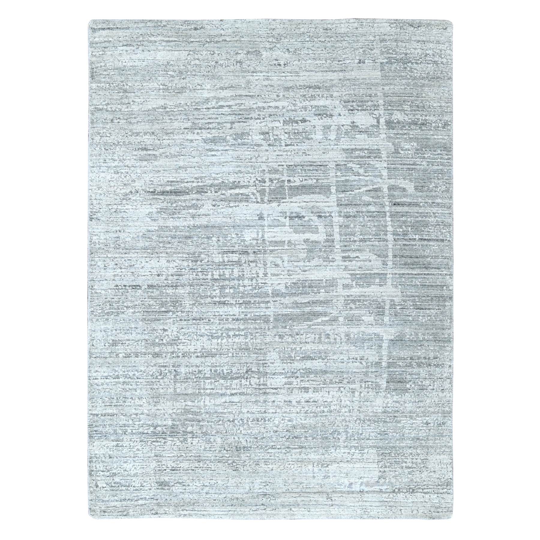Misty Gray, Wool and Plant Based Silk, Hand Loomed, Textured Pile, Modern Design, Oriental Rug